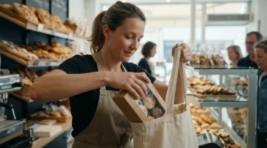 Pâtissière plaçant une boîte de cupcakes dans un cabas réutilisable en boutique artisanale