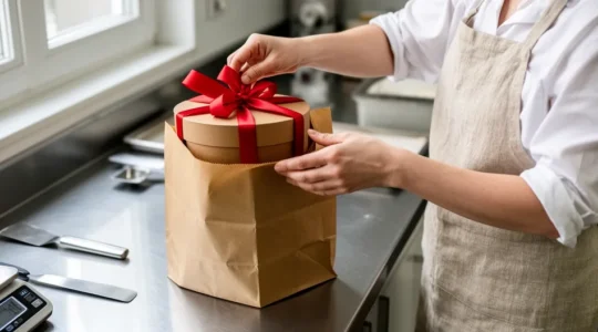 Pâtissière emballant une boîte à gâteau dans un sac kraft fond plat en atelier