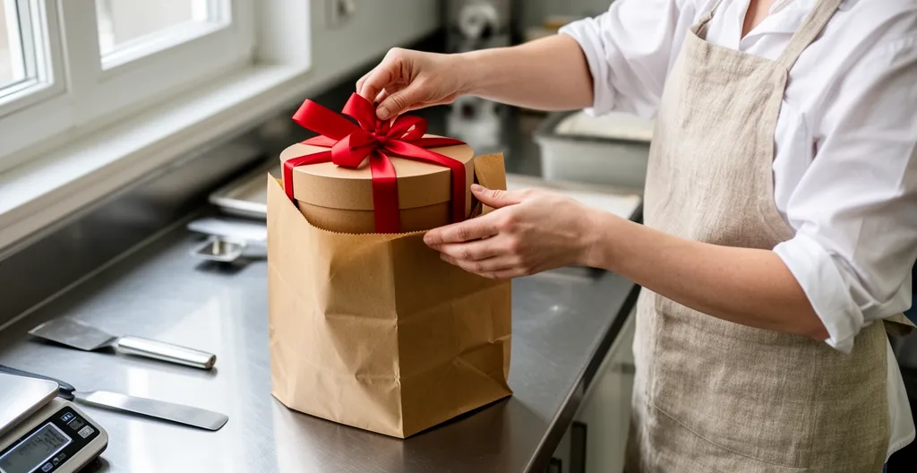 Pâtissière emballant une boîte à gâteau dans un sac kraft fond plat en atelier
