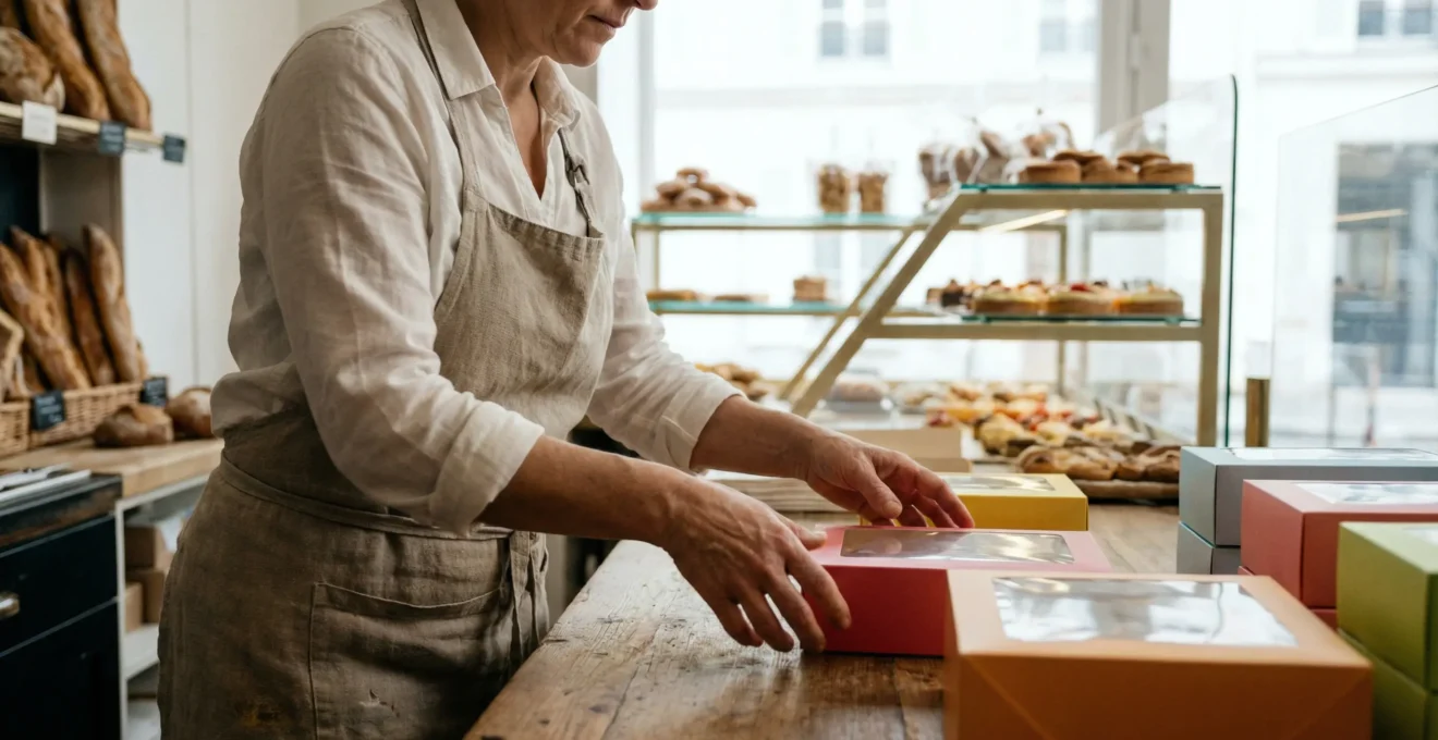 Pâtissière organisant des boîtes de cupcakes derrière un comptoir de boutique