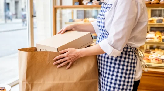 Pâtissière préparant une commande à emporter avec sacs biodégradables en boutique