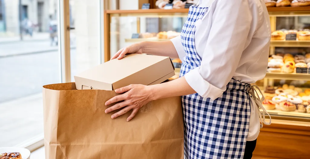 Pâtissière préparant une commande à emporter avec sacs biodégradables en boutique