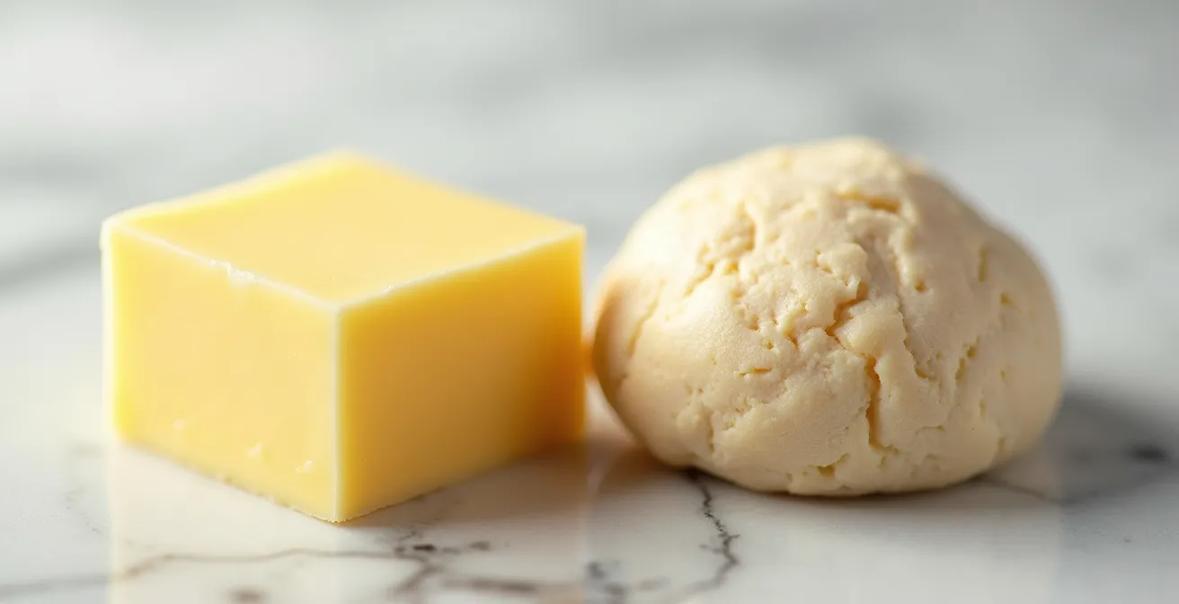 Gros plan macro sur la texture du beurre et de la détrempe montrant leur plasticité similaire