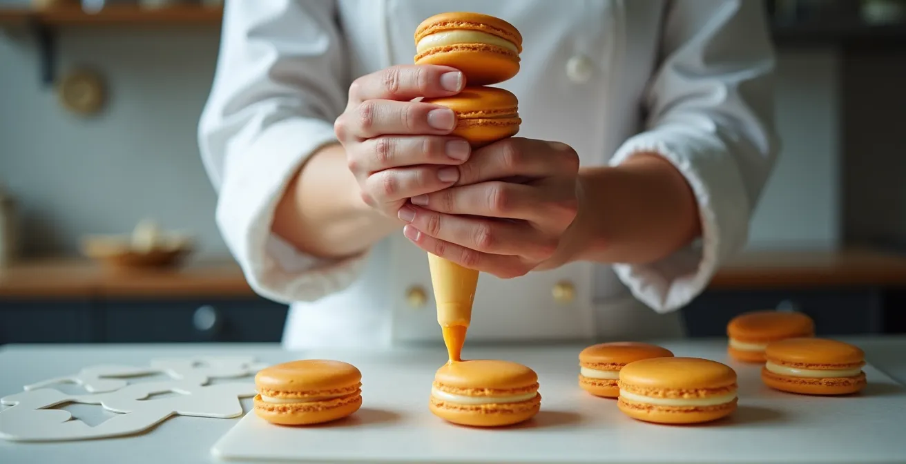 Démonstration de la position correcte des mains sur une poche à douille pour le pochage de macarons, avec main motrice en haut et main directrice en bas