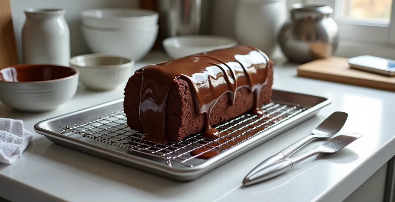 Station de glaçage professionnelle avec grille, thermomètre digital et glaçage brillant coulant sur une bûche