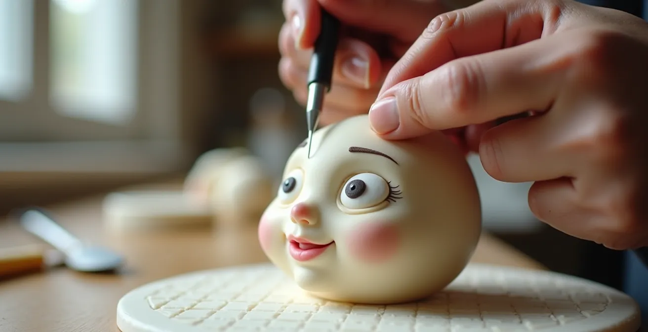 Vue de face d'un visage en pâte à sucre avec lignes de guidage pour le placement des yeux