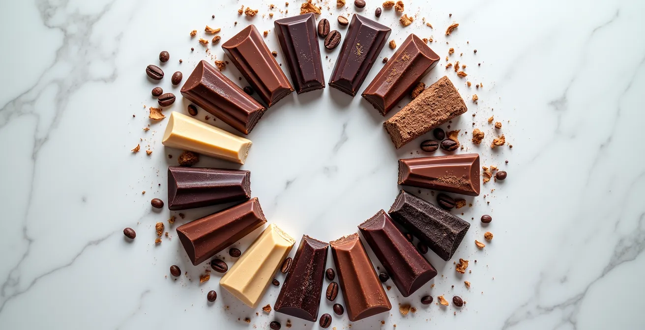 Roue des arômes du chocolat avec échantillons de différentes origines