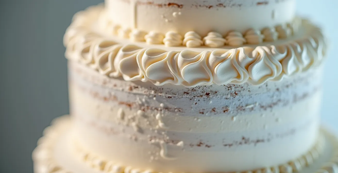 Vue macro des semelles en carton argenté entre les étages d'un gâteau de mariage