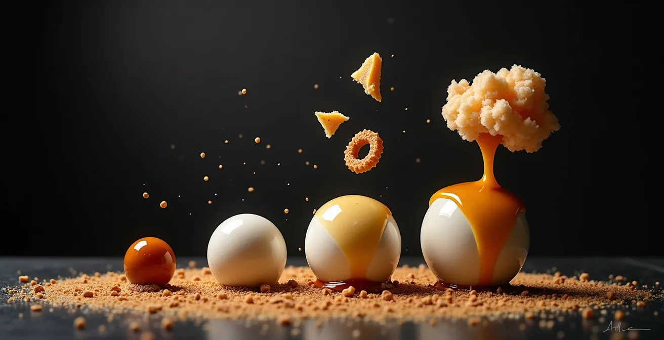 Dessert déstructuré montrant quatre textures distinctes en progression visuelle