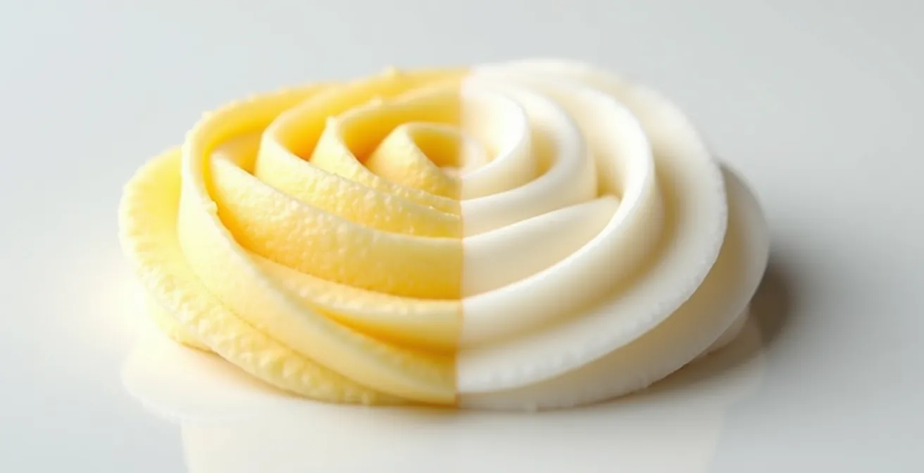 Comparaison visuelle d'une crème au beurre avant et après blanchiment mécanique