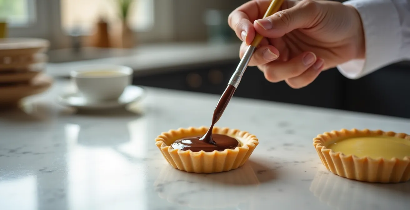 Application d'une fine couche de chocolat fondu au pinceau sur fond de tarte