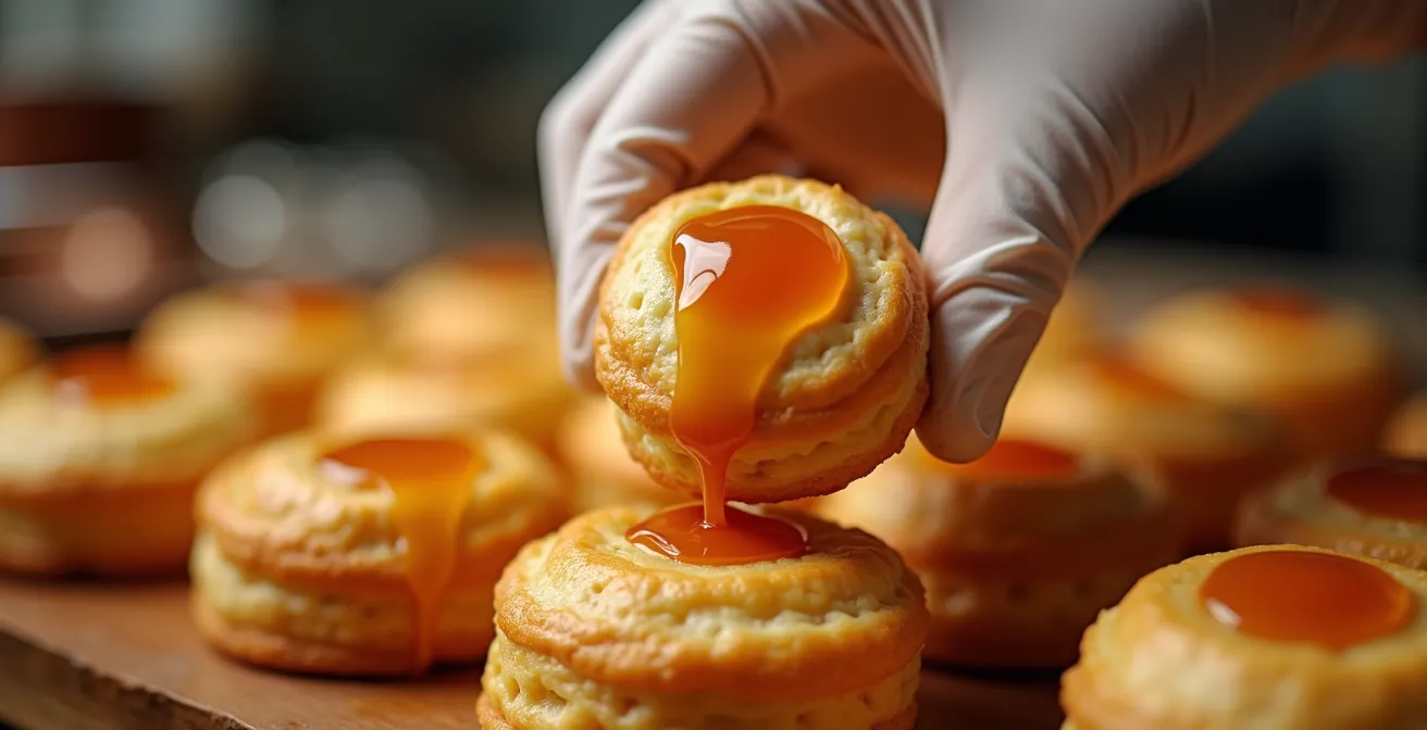 Gros plan sur l'application du caramel entre deux choux pour le montage