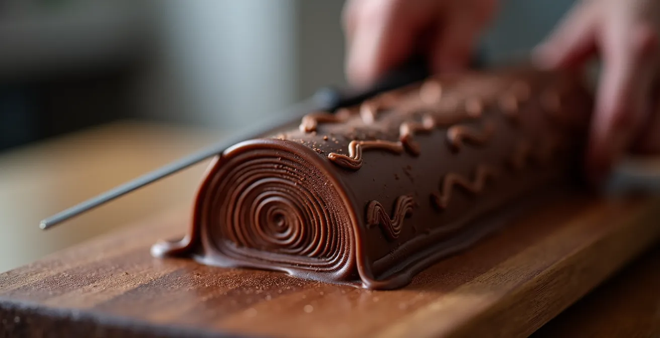 Technique de décoration écorce sur bûche avec ganache texturée