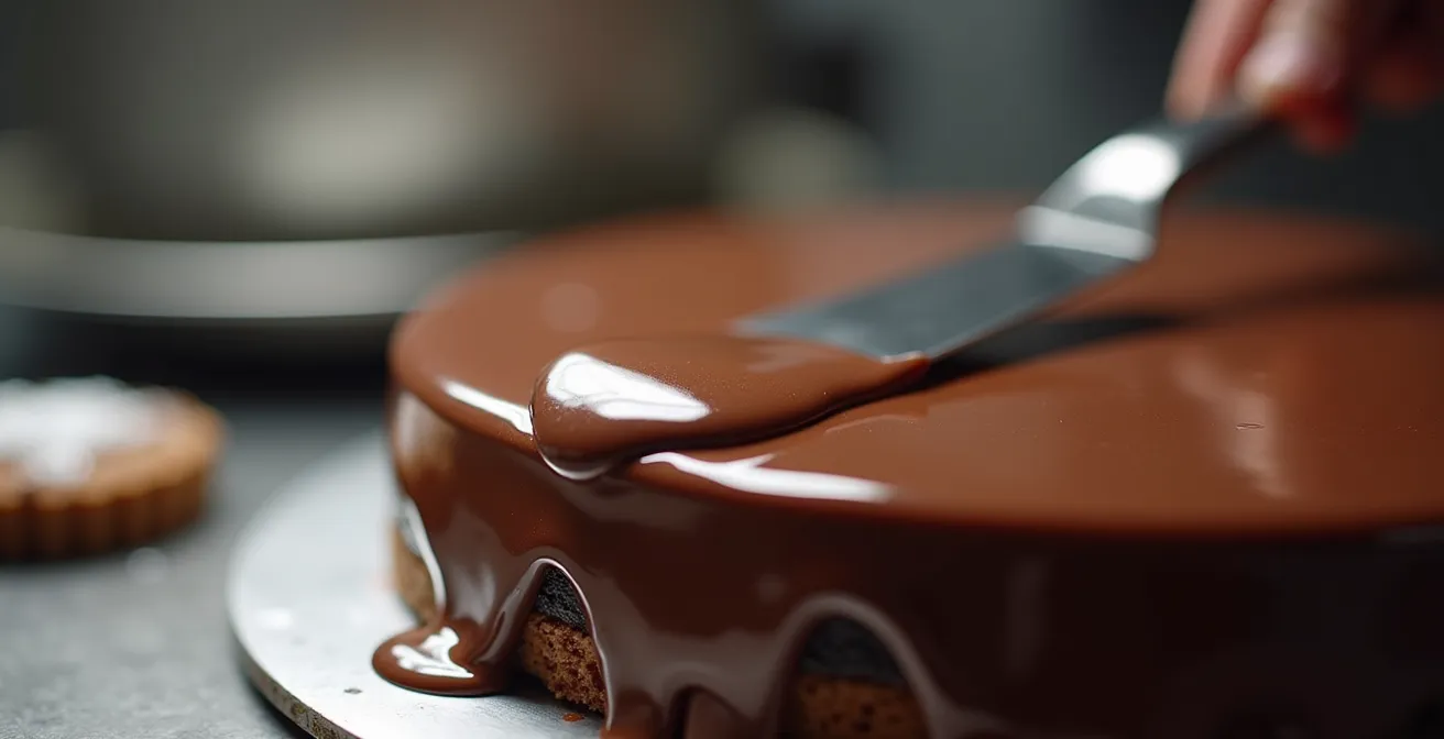 Technique de lissage de ganache au chocolat avec plateau tournant et spatule coudée