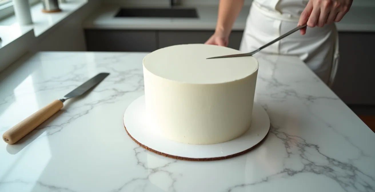 Démonstration de la technique de lissage avec spatule coudée sur un gâteau