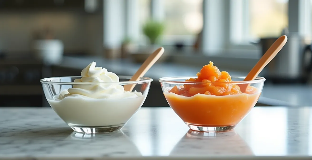 Démonstration visuelle du mélange progressif entre crème montée et purée de fruits tempérée