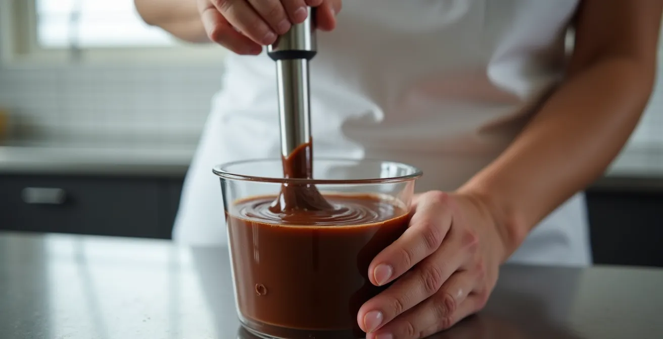 Vue latérale d'un mixeur plongeant incliné à 45 degrés dans un récipient de glaçage brillant