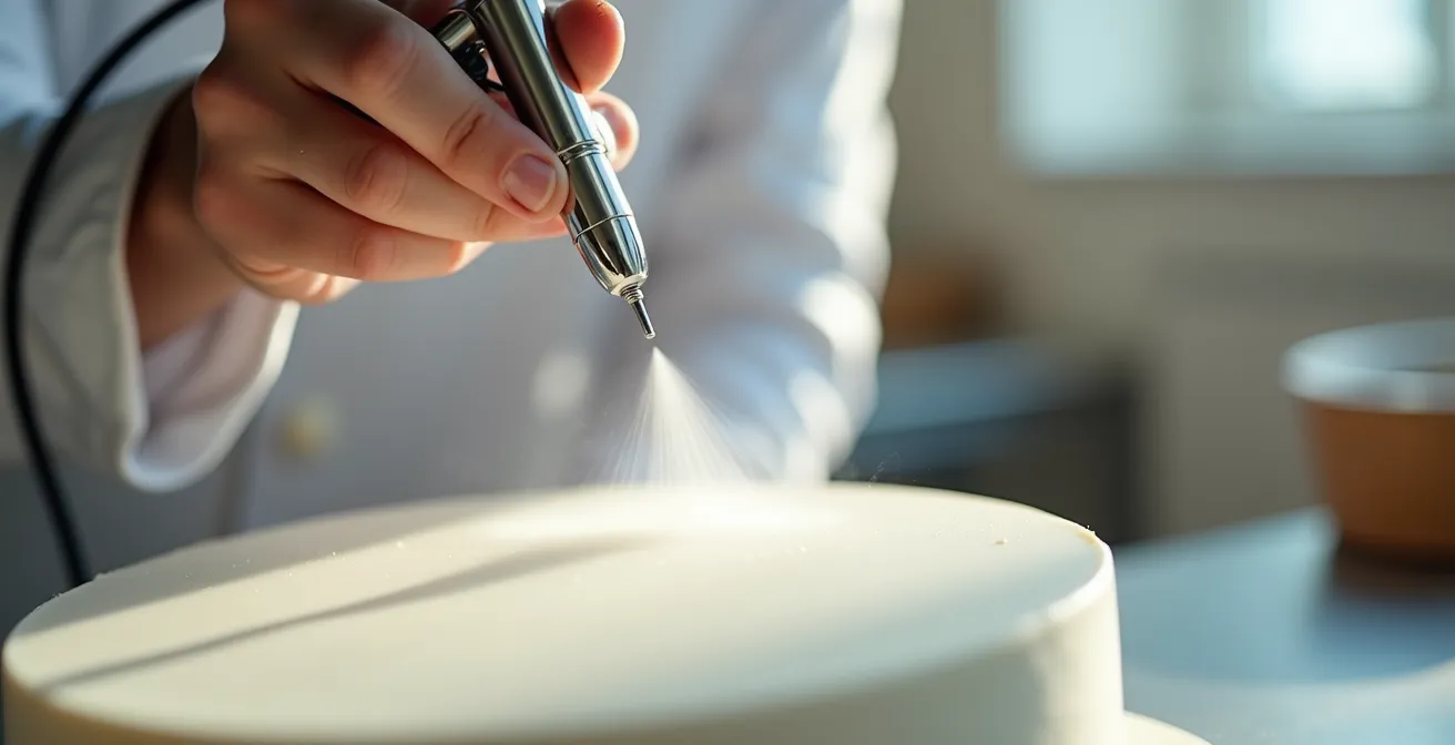 Main tenant un aérographe en mouvement fluide au-dessus d'un gâteau