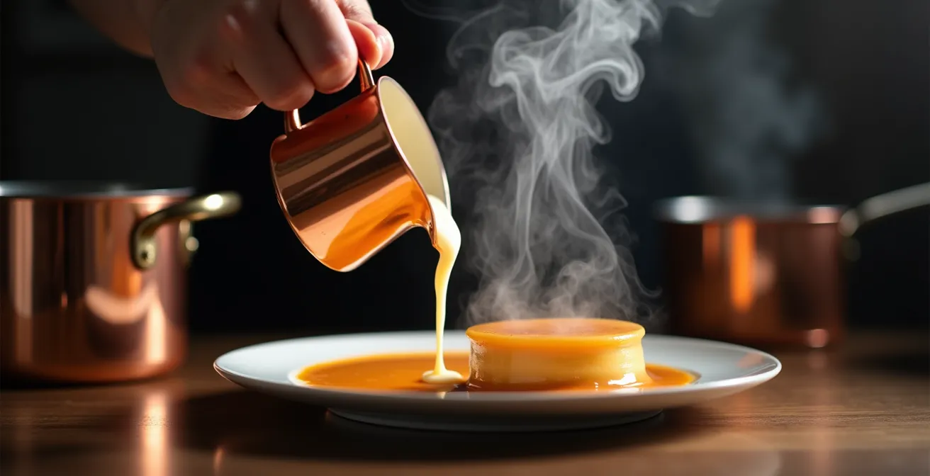 Geste professionnel du versage de crème chaude en filet continu dans le caramel avec effet de vapeur