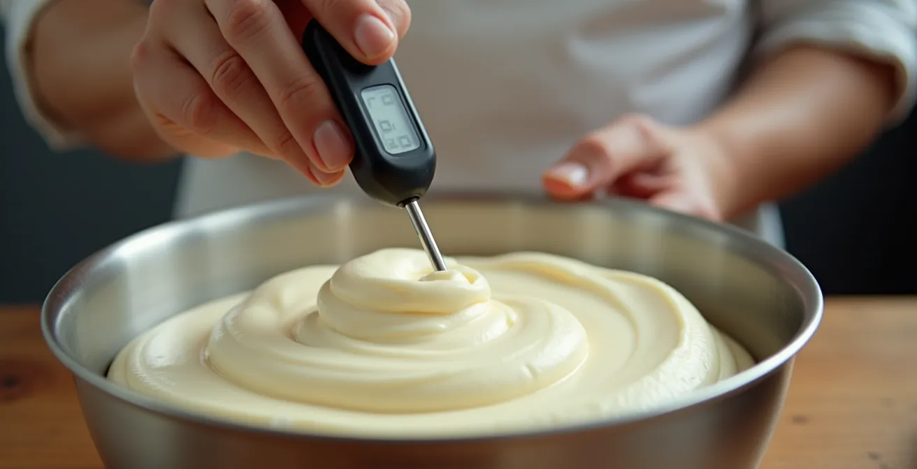Mesure de la température de la crème au beurre avec un thermomètre de cuisine