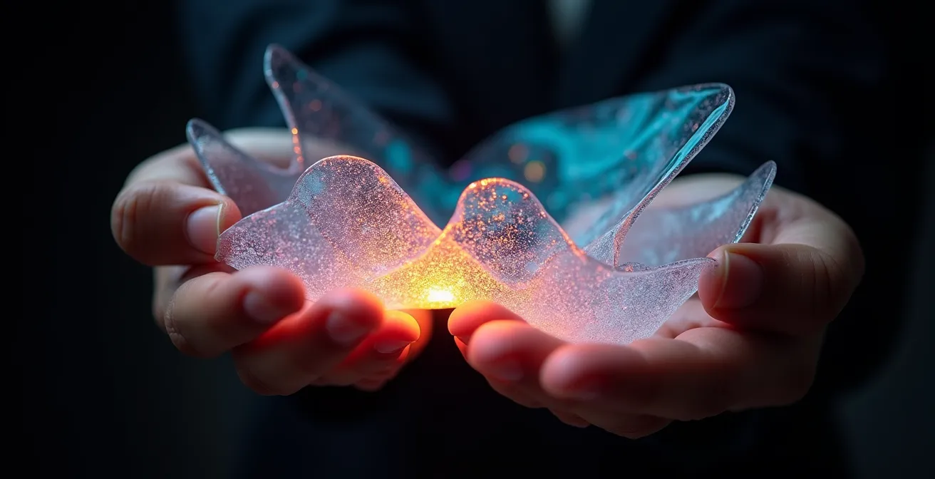 Gel translucide étiré montrant l'élasticité du réseau moléculaire