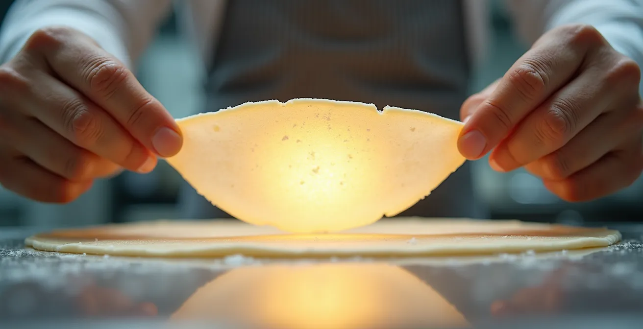 Test de la fenêtre montrant une membrane translucide de pâte étirée entre les doigts