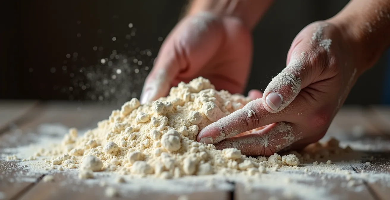 Main testant la qualité de la farine par le test de la boulette
