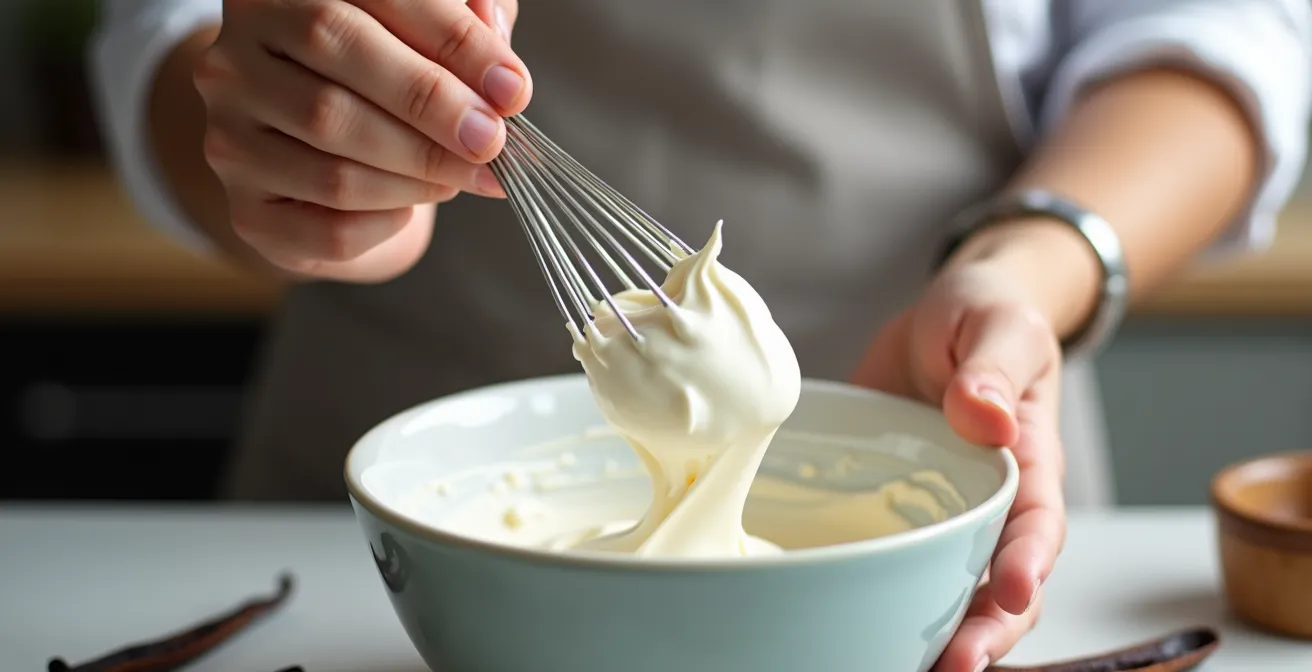 Progression visuelle des stades de montage de la crème végétale avec fouet
