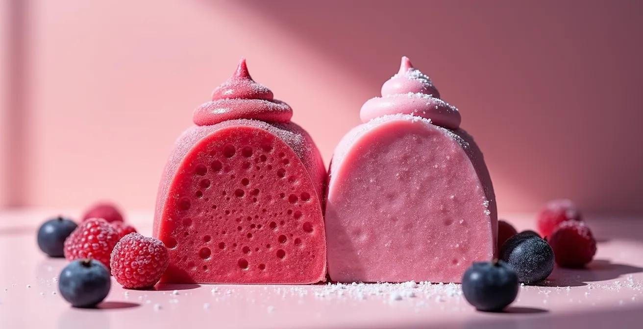 Coupe transversale de mousse aux fruits montrant la différence de texture avec et sans stabilisant