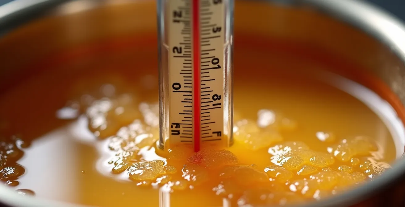 Thermomètre à sucre plongé dans un sirop bouillonnant montrant la température exacte de 118°C
