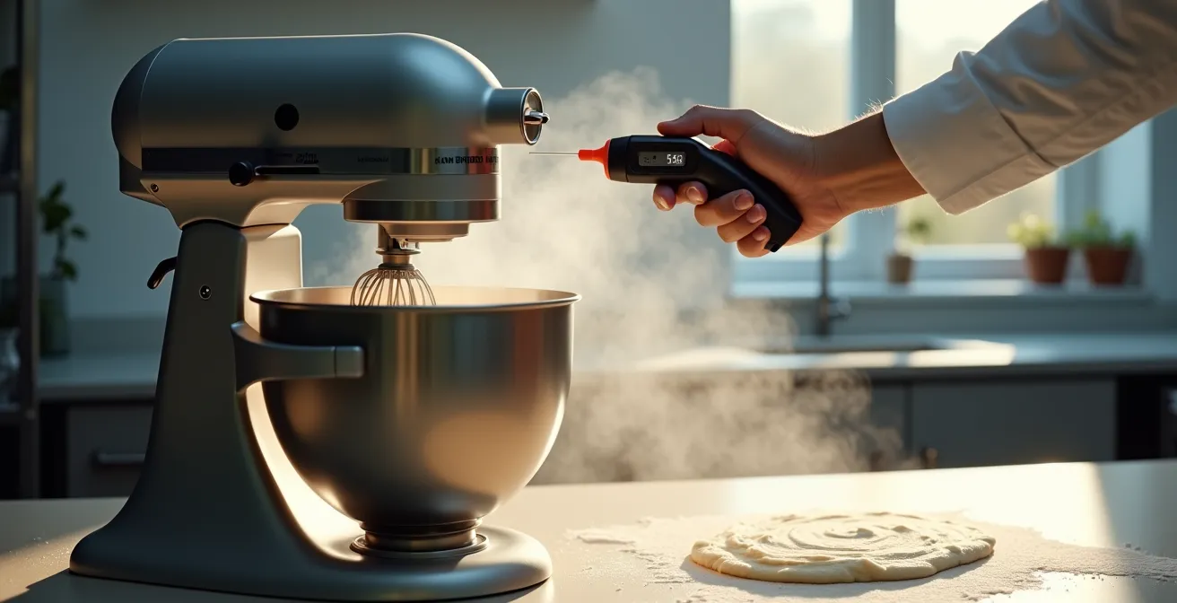Thermomètre infrarouge mesurant la température d'une pâte en cours de pétrissage
