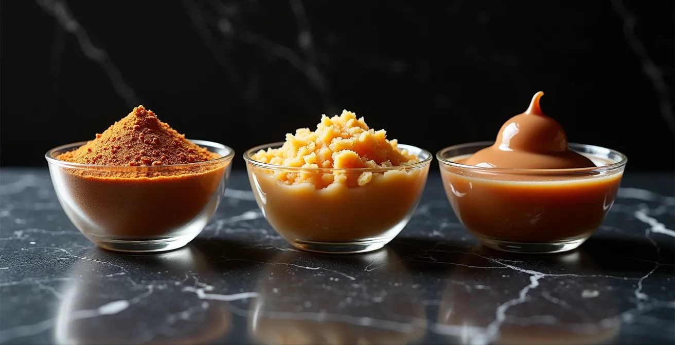 Évolution de la texture du praliné du pralin grossier à la pâte lisse brillante