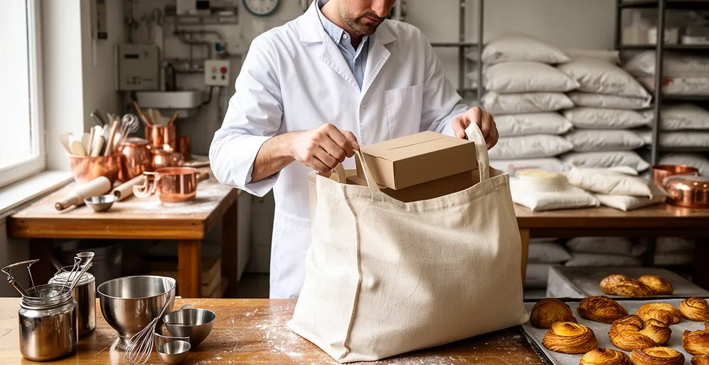 Vérification de la tenue des anses et du fond d'un sac chargé avec boîte à gâteau